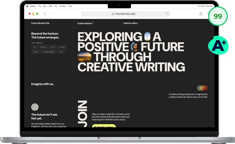 Homepage hero section from Future Stories Club, a creative writing club. The website is in dark mode and works mainly with large all caps typography where words are separated by small images. The homepage has a carbon rating of A+ and a performance rating of 99%.