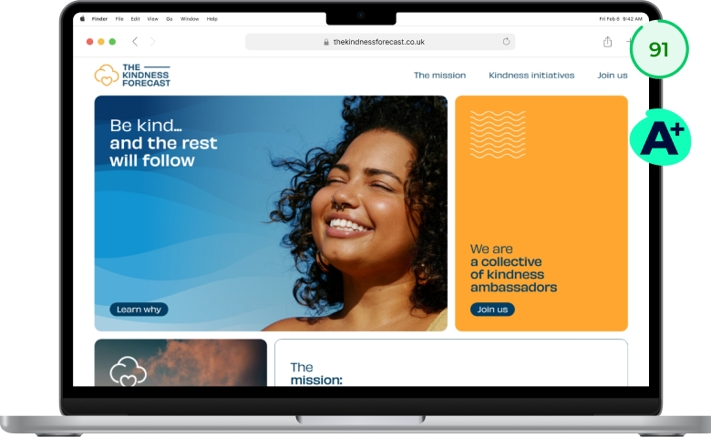 Homepage hero section from The Kindness Forecast, a social movement and community. The hero shows a bento layout of colorful blocks, some with image backgrounds, others with solid accent colors. The homepage has a carbon rating of A+ and a performance rating of 91%.