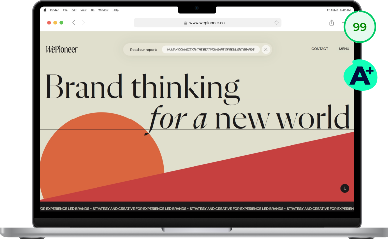 Homepage hero section from WePioneer, a creative agency. The hero shows the headline in a large custom font and has geometric shapes in the background. The homepage has a carbon rating of A+ and a performance rating of 99%.